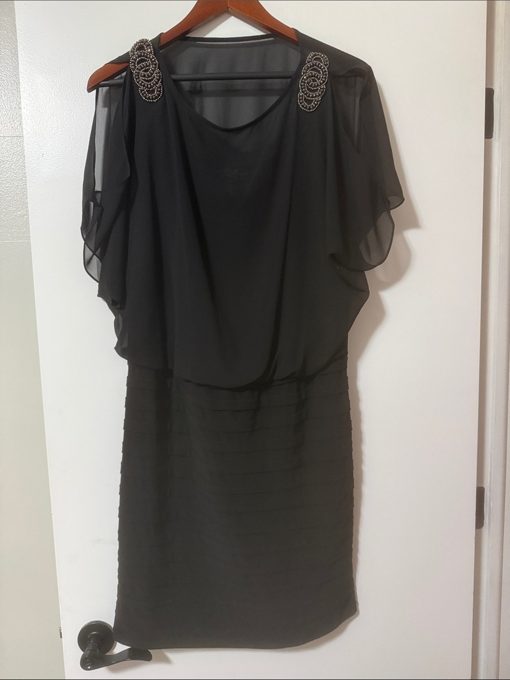 Black Beaded Shoulder Midi Dress